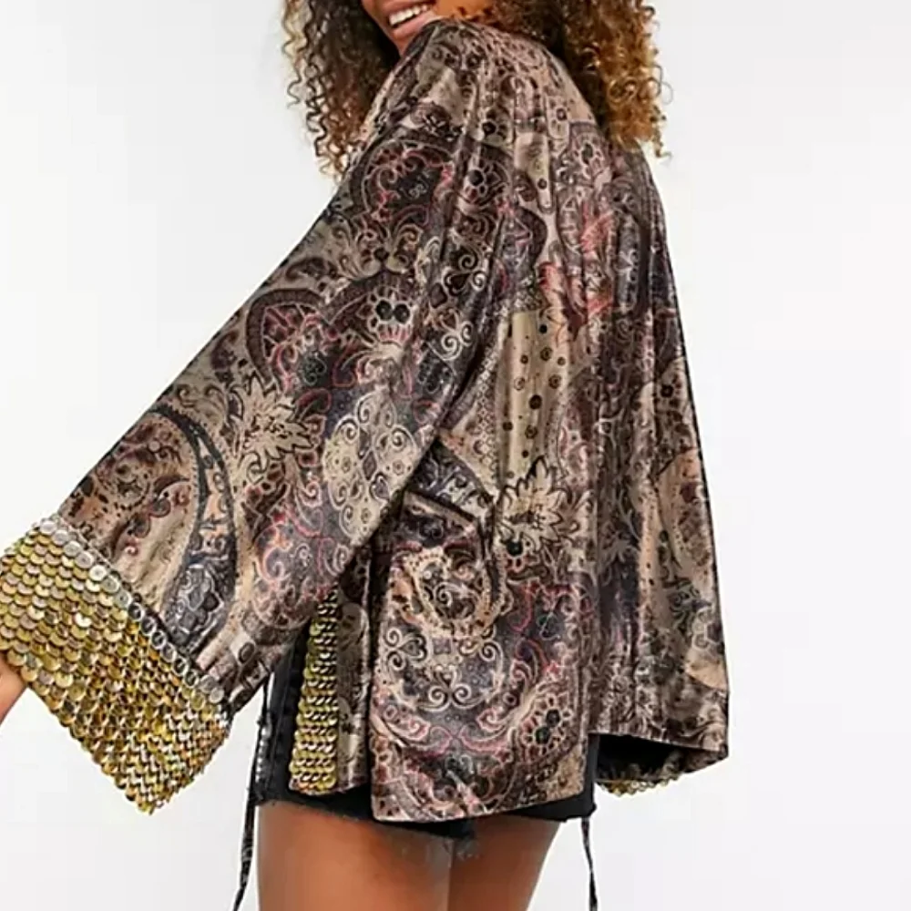 NWT🌹 Free People Layla Gold Embellished Velvet Silky Wrap Kimono Jacket, XS - Picture 4 of 13